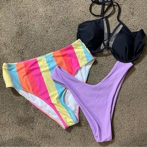 Women's Large Hipster Bikini Bottoms Purle/Multicolored Large Black Bra Top